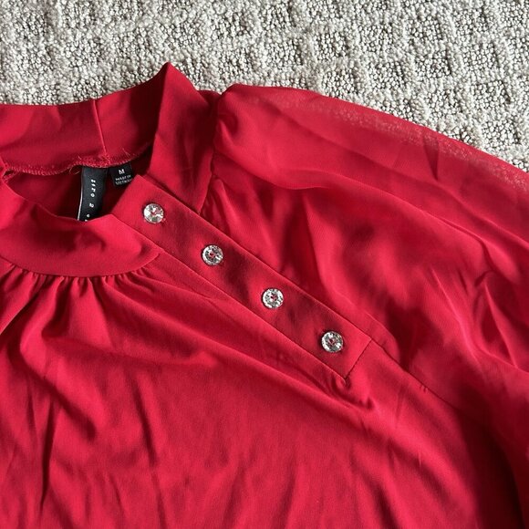 Zero 2 Eight Womens Medium M Red Long Sleeve Blouse High Neck 3/4 Sleeve - Picture 2 of 8